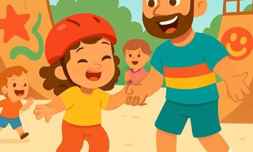 A 2-year-old girl, Mia, wears a shiny red helmet and a joyful smile. She stands on a bright blue skateboard, her curly hair blowing in the wind, her eyes sparkling with excitement. Next to her, Coach Sam, a man in his thirties with a tall stature and a colorful t-shirt, encourages her with a big smile and open arms. They are in a lively skate park filled with wooden ramps and colorful graffiti on the walls. Children laugh and play around them, creating a joyful and dynamic atmosphere. Mia glides gently on her skateboard, holding Coach Sam's hand, ready to try new tricks, surrounded by laughter and applause.