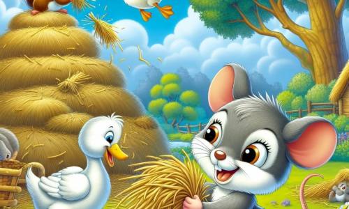 Eine kleine Maus namens Mimmi, mit weichem grauem Fell und großen neugierigen Augen, steht im Mittelpunkt des Bildes, lächelnd und voller Energie, während sie Halme von Heu sammelt, um einen kleinen Haufen zu bauen. Neben ihr spielt ein schelmisches Eichhörnchen namens Max, mit hellbraunem Fell und buschigem Schwanz, das Heu-Stücke stapelt und über die Situation lacht. Etwas weiter entfernt versucht ein fröhlicher Kranich namens Emma, mit weißen Federn und einem leuchtend gelben Schnabel, Halme von Heu zu fangen, die vom Wind weggeweht werden. Die Szenerie ist ein charmantes Tierdorf, mit einem großen Baum in der Mitte, bunten Blumen am Wegesrand und einem blauen Himmel, der mit fluffigen Wolken gesprenkelt ist. Die Szene spielt auf einer grünen Wiese, wo die Tiere an einem unterhaltsamen Heuhaufen-Bau-Wettbewerb teilnehmen, umgeben von Lachen und Freude. Mimmi, voller Begeisterung, hilft ihren Freunden und hat Spaß, was den Teamgeist und die Freundschaft in diesem spielerischen Wettbewerb zeigt.