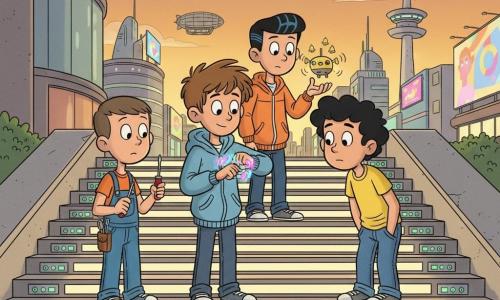 Four 11-year-old boys stand on the illuminated Recharge Steps: Milo (messy brown hair, light blue hooded jacket) at center-left watches a pulsing blue-and-pink bracelet; Theo (curly black hair, yellow T-shirt) stands just right of Milo, hands in pockets, leaning forward curious; Jax (fair skin, short cut, wearing overalls with a small toolkit) stands left of Milo holding a screwdriver like a detective; Rami (slicked black hair, orange jacket) is slightly behind with a small vibrating yellow drone named Saffron ringing tiny chimes above his palm. The broad polished concrete steps glow in soft bands with silver charging ports and integrated solar panels; a futuristic city skyline with curved glass buildings, floating trams, garden airships and a tall antenna-covered tower fills the background with colorful holographic ads. The children listen to a soft repeating signal, faces full of wonder and concentration as dusk’s golden light mixes with neon; warm, mysterious retro-cartoon style with rounded shapes, fluid lines and vivid light contrasts.