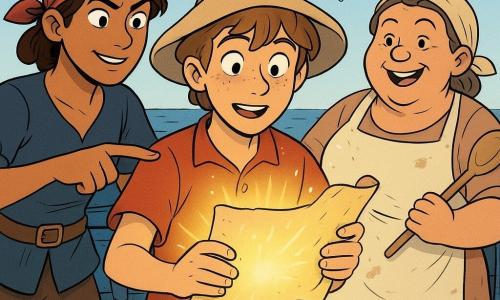 Tomás, cerca de 17 anos, rosto rondo com sardas e um chapéu bege grande, olhar maravilhado e um pouco nervoso, segura uma garrafa verde entreaberta e um pergaminho luminoso tremeluzente; à esquerda, a capitã Bruna Barbatana, cerca de 35 anos, pele bronzeada, cabelo curto sob um lenço vermelho, sorriso de canto e dedo apontando para o pergaminho, com um gancho de prata na cintura; atrás de Tomás, Lila, a cozinheira de cerca de 45 anos, corpulenta e calorosa, avental com manchas de farinha e uma grande colher de pau na mão, rindo e intrigada; cenário: convés de madeira do navio Aurora Salgada com tábuas molhadas, cordas enroladas, amurada azul desbotada, oceano azul escuro e céu claro com gaivotas e uma garrafa à deriva; situação: a equipe reúne-se ao redor do pergaminho que parece brilhar e mover-se, atmosfera de aventura e mistério, cores saturadas, sombras suaves, estilo claro e linhas nítidas, expressões legíveis para crianças.