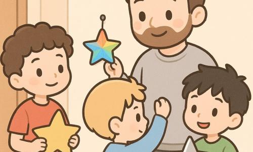 Există 4 personaje: - Un băiat de 10 ani, Matei, cu păr șaten și creț, purtând un tricou roșu, stă în stânga, ținând o stea din carton pictat. - Un băiat de 9 ani, Luca, cu păr blond și scurt, îmbrăcat într-un pulover albastru, este în centru, agățând o stea din plastic colorat pe un cui mare. - Un băiat de 8 ani, Doru, cu păr negru și ciufulit, purtând o cămașă verde, stă în dreapta, întinzând o stea din metal strălucitor. - Un bărbat, tatăl, cu păr șaten și barbă scurtă, îmbrăcat într-un pulover gri, stă în fundal, zâmbind emoționat. Locul este un hol de apartament călduros, cu pereți crem și un podea din lemn deschis. Un cui mare este bătut în perete, servind ca suport pentru stele. O lumină blândă luminează scena, creând o atmosferă caldă și veselă. Situația principală arată cei trei băieți oferindu-i tatălui lor stelele făcute de mână pentru ziua tatălui. Stelele strălucesc în culori vii și variate, simbolizând dragostea și recunoștința lor. Tatăl, vizibil emoționat, își privește copiii cu un zâmbet radiant, în timp ce băieții sunt concentrați și mândri de surpriza lor.