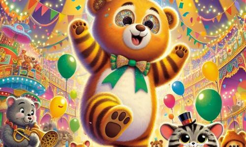 Ollie, een zachte en ronde teddybeer met een grote blije glimlach en sprankelende ogen, danst midden in een kleurrijk carnaval, omringd door multicolore confetti die uit de lucht valt. Kiki, een kleine kat met oranje en witte gestreepte vacht, draagt glanzende schoenen en springt van blijdschap met haar pootjes omhoog, met een verwonderd gezicht, naast Ollie. Max, een grijze muis met grote oren en een kleine trompet, speelt muziek lachend, iets op de achtergrond, dicht bij een grote kartonnen trompet. De locatie is een grote carnavaltent versierd met lichtslingers, met zwevende ballonnen en felle kleuren die de feestelijke sfeer verlichten. De hoofdscène toont Ollie en zijn vrienden die samen plezier hebben, dansen en lachen, terwijl een glinsterende draak hen vrolijk observeert, wat een magische toets aan deze feestelijke scène toevoegt.