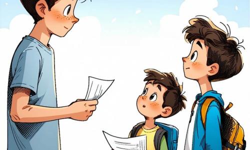 Quatro meninos de 11 anos formam um pequeno círculo em um corredor/pátio escolar ao crepúsculo: um de cabelo castanho curto e frisado, camiseta azul-claro e jeans, segura um papel dobrado na mão direita e olha para os outros, ligeiramente centro-esquerda; um loiro cortado em escova, jaqueta verde-clara, espantado, à esquerda e inclinado para o primeiro; um de cabelo preto liso, óculos redondos e moletom vermelho, aproxima o papel do nariz com expressão maliciosa, à direita e um pouco atrás; um de cabelo castanho-claro, boné virado para trás e camiseta listrada amarela e branca, sorri cumplicemente, à direita na extremidade com os braços cruzados. O chão é de azulejos bege levemente gastos, há armários verdes à esquerda, uma janela aberta com cortina branca esvoaçante mostrando um céu alaranjado-rosado e uma porta de sala com luz suave; o papel dobrado com caligrafia visível é o centro da cena, que transmite curiosidade, ternura e cumplicidade, como o começo de uma pequena missão de gentileza.