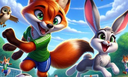 A young fox with sparkling eyes and bright red fur, Felix, enthusiastically runs on a green soccer field, his expression full of joy and determination. He dribbles a small black and white soccer ball, his bushy tail swaying behind him. Nearby, Bella, a small rabbit with big ears and white fur, jumps excitedly with a radiant smile on her face, ready to receive a pass. Oliver, a wise brown owl, perches on a tree branch, watching the game with a focused and encouraging look. The field is surrounded by tall trees with vibrant green leaves, and the sky is a bright blue dotted with fluffy white clouds. Colorful flowers line the field, adding a touch of magic to the scene. Felix is about to pass the ball to Bella, while Oliver cheers them on from his perch, creating an atmosphere of excitement and camaraderie.