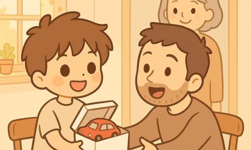 A 10-year-old boy with a round face, tousled chestnut hair and bright eyes, radiant proud expression, holds a small white gift box with a restored little red toy car inside, standing by a wooden table; an adult man (father, ~35–40) with light short beard and brown hair, surprised and moved, has just opened the box and reaches to embrace the boy while seated on a kitchen chair; a woman (mother ~35–40 or grandmother ~60) with gray hair tied or light brown hair, soft smile, stands in the background by the doorway with an affectionate look; a sunny warm kitchen with golden morning light through a small window with a floral curtain, a light wood table with a steaming coffee cup, light tiled floor and potted plants on the sill; a tender, bright moment of the boy giving the restored red toy car for Father's Day, shared smiles and a cozy family hug.