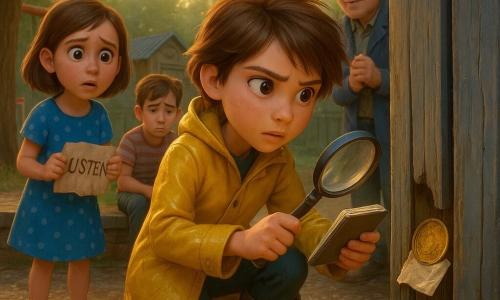 A young girl detective, about 12, determined face, short tousled brown hair, shiny yellow raincoat and muddy rubber boots, kneels by an old blue-gray fence holding an open notebook and a magnifying glass over a shiny medal wrapped in paper; Nina, about 9, worried but relieved, in a blue polka-dot dress, stands left near the sandbox holding a crumpled note reading "LISTEN"; Jonah, about 13, ashamed but contrite in a striped t-shirt and jeans, sits on a low wall behind the fence clutching a closed sketchbook and looking at the medal; Mr. Clarke, the kindly surprised park keeper, about 55, in a blue jacket and hat, stands by the park hut with hands clasped; setting: urban park after rain with wet gravel and reflective puddles, a slightly open glass display with metal lid, swings in the background, wet green leaves on a large oak, soft late-afternoon golden light; main scene: discovery of the medal hidden behind the thirteenth fence board, gentle mystery, resolved tension, warm colors and detailed textures, composition centered on the detective looking at the medal.