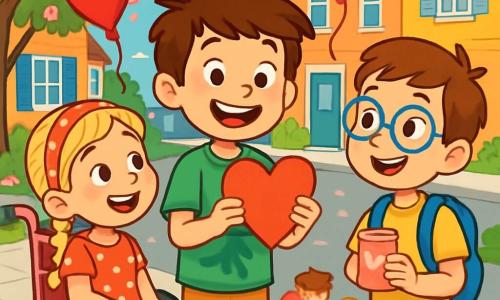 There are 3 characters: - Max: an 8-year-old boy with messy brown hair, wearing a green t-shirt with a dinosaur and a big smile, standing in the center holding a red heart-shaped card. - Lily: a 7-year-old girl with braided blonde hair, sitting in a cute pink wheelchair, wearing a red polka dot dress and a matching headband, joyfully smiling at Max. - Jake: an 8-year-old boy with brown hair and round glasses, standing next to Max, holding a small heart-shaped candy bag, looking curious and enthusiastic. The setting is a busy street in a residential neighborhood, with colorful houses featuring blue and yellow shutters, flowering trees with gently falling pink petals, and children drawing hearts with chalk on the sidewalk. Heart-shaped balloons float in the air, adding a festive atmosphere. The main scene shows Max, Lily, and Jake excitedly discussing and searching for clues about the mysterious valentine, surrounded by Valentine's decorations and children's laughter.