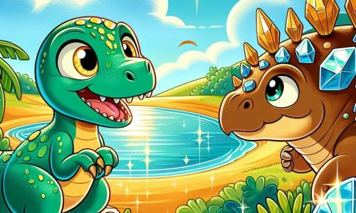 A velociraptor with emerald green scales, sparkling yellow eyes full of curiosity, and a joyful smile stands on a rock overlooking a beautiful shimmering pond. Next to it, a stegosaurus with a back covered in brown spiky plates, wearing a crown made of shiny seashells, gazes in wonder at the landscape. The sky is a bright blue, dotted with fluffy clouds, while the golden sand of the dunes sparkles in the sun. The scene exudes an atmosphere of adventure and friendship as the velociraptor and stegosaurus explore their hidden treasure together, surrounded by colorful seashells and sparkling crystals illuminating the cave.