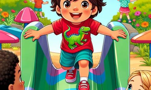 A 4-year-old boy named Timmy stands at the top of a colorful slide, grinning widely. He has messy brown hair, sparkling eyes, and is wearing a red t-shirt with a dinosaur print and blue shorts. Timmy is getting ready to slide, his hands on the edge, full of excitement and determination. Next to him is a 4-year-old girl named Lily, with braided blonde hair in a polka dot pink dress, encouraging him with a big smile and raised arms. Another boy, Ben, with black hair and a green t-shirt, sits at the bottom of the slide, ready to cheer for Timmy as he slides down. The scene takes place in a sunny park filled with greenery, colorful flowers, and other children playing joyfully in the background. The main focus is on Timmy, excited and ready to go down the slide for the first time, surrounded by friends who encourage him to believe in himself.
