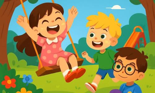 There are three characters: Lucy, a 7-year-old girl with long brown hair and sparkling eyes, wearing a pink polka dot dress, joyfully laughing with her arms raised on a swing; Max, a 7-year-old boy with messy blonde hair and freckles, wearing a green t-shirt and blue shorts, running towards Lucy with a big smile, ready to join her; and Sam, an 8-year-old boy with brown hair and glasses, slightly tanned skin, wearing a blue t-shirt with stars, sitting on the grass holding a pretty purple stone, looking happily at his friends. The scene takes place in a sunny park filled with tall trees with bright green leaves, colorful flowers, and a lively playground. The deep blue sky is dotted with fluffy white clouds, and the ground is covered with lush grass where the children play. The main situation shows the three friends playing together, laughing and encouraging each other during a treasure hunt. Lucy and Max are running towards a large moss-covered rock, while Sam, sitting on the grass, smiles while holding a shiny stone. The atmosphere is joyful and friendly, illustrating the importance of inclusion and friendship.
