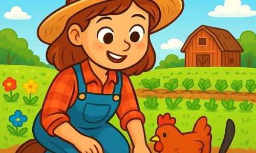 Una agricultora sonriente, Elena, de unos 30 años, lleva un sombrero de paja y una camisa de cuadros. Sus ojos brillan de emoción mientras planta semillas en un suelo marrón y fértil. A su lado, una pequeña gallina roja llamada Pepa picotea el suelo, curiosa y traviesa, mientras un gato negro, con pelaje brillante, se estira perezosamente al sol, observando la escena con una mirada divertida. El lugar es un vasto campo verde, salpicado de flores coloridas y hileras de verduras que se extienden hasta donde alcanza la vista. Al fondo, un cielo azul claro está salpicado de nubes blancas y esponjosas, y un viejo granero de madera se erige orgulloso, rodeado de árboles frondosos. La situación principal muestra a Elena sembrando semillas con cuidado, con las manos en la tierra, mientras Pepa se acerca para ver qué hace. La imagen transmite una atmósfera alegre y pacífica, ilustrando la conexión entre la agricultora, la naturaleza y los animales de la granja.