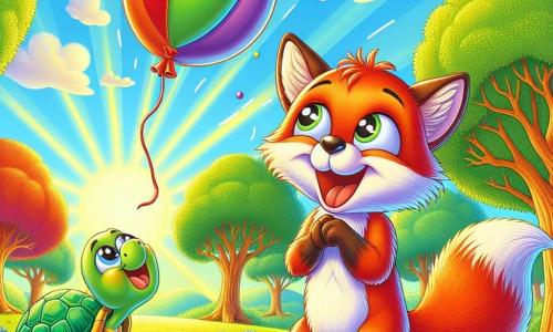 Un pequeño zorro de pelaje rojo brillante y ojos traviesos, con una gran cola esponjosa, se encuentra en el centro de la imagen, riendo a carcajadas con un globo colorido flotando sobre su cabeza. A su derecha, una tortuga de caparazón verde y brillante, con una sonrisa alegre en su rostro, mira al zorro con ojos chispeantes de diversión, apoyada en sus patas traseras, lista para estallar en risa. El escenario es un hermoso bosque soleado, lleno de árboles majestuosos con hojas de un verde vibrante, y flores coloridas que salpican el suelo. Rayos de sol filtran a través de las ramas, creando patrones luminosos en el suelo. La situación principal muestra al zorro que, después de soltar su globo, se encuentra con el globo desinflado sobre la cabeza, provocando un momento de sorpresa y risa compartida con su amiga tortuga.