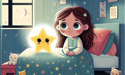 Uma menina de 6 anos, Sofia, com longos cabelos castanhos e olhos brilhantes, está sentada em sua cama, cercada por pelúcias coloridas. Ela tem um sorriso tímido, mas curioso, olhando para uma pequena estrela brilhante, Estelinha, que flutua ao seu lado. Estelinha é uma estrela cintilante, com olhos suaves e um rosto amigável, iluminando o quarto com uma luz suave e acolhedora. Na sala, a luz do corredor filtra pela porta entreaberta, criando sombras suaves nas paredes. As paredes do quarto são pintadas de azul claro, decoradas com desenhos de estrelas e nuvens, e um tapete macio está estendido no chão. A cena principal mostra Sofia, um pouco nervosa, mas deslumbrada, ouvindo Estelinha, que fala com uma voz suave, mostrando que não há nada a temer na escuridão. A cena transmite uma atmosfera mágica e reconfortante, ilustrando o momento em que Sofia começa a superar seu medo do escuro graças à amizade da estrela.