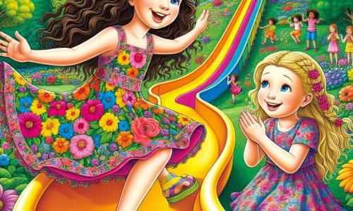 Ein 8-jähriges Mädchen, Anna, mit langen, lockigen braunen Haaren steht auf der Spitze einer großen bunten Rutsche, ihr Gesicht strahlt vor Freude und Aufregung. Sie trägt ein lebhaftes Blumenkleid und gelbe Sandalen, bereit zu rutschen. Neben ihr applaudiert ihre beste Freundin Mia, ebenfalls 8 Jahre alt, mit geflochtenen blonden Haaren und einem ermutigenden Lächeln, während sie auf dem Boden steht und darauf wartet, dass Anna hinunterrutscht. Der Ort ist ein sonniger Park, gefüllt mit bunten Blumen, großen grünen Bäumen und anderen Kindern, die herumspielen. Der Himmel ist blau mit einigen fluffigen weißen Wolken, und die Atmosphäre ist fröhlich und lebhaft. Die Hauptsituation zeigt Anna, die kurz davor ist, ihren Mut zu fassen, um zu rutschen, ein entscheidender Moment, in dem sie ihre Angst überwindet und die Freude entdeckt, mit ihren Freunden zu spielen.