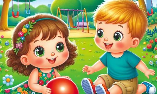 A one-year-old girl with bright big eyes and curly brown hair joyfully smiles while playing with a red balloon. She wears a colorful floral dress and is sitting on the green grass of the park. Next to her, a one-year-old boy with blonde hair and rosy cheeks laughs as he runs after the balloon. He wears a blue t-shirt and beige shorts, standing right beside her, ready to catch the balloon. The park is large and sunny, filled with tall green trees, colorful flowers, and the laughter of playing children. Swings and a slide can be seen in the background, adding to the cheerful atmosphere. The main scene shows Lily and Sam playing together, laughing and chasing the red balloon, symbolizing their new friendship in this enchanting setting.