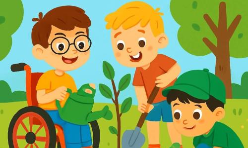 Er zijn 3 personages: - Sam: een 8-jarig jongetje met bruin haar en een bril. Hij zit in een mooie rode rolstoel, glimlachend en met een gieter in zijn hand. - Tom: een 9-jarig jongetje met blond haar en sproeten. Hij staat naast Sam en plant een klein boompje met een schep. - Finn: een 7-jarig jongetje met zwart haar en een groene pet. Hij zit voor Sam en kijkt nieuwsgierig naar de wortels van de boom die ze planten. De plaats speelt zich af in een zonnig park, vol met grote groene bomen, kleurrijke bloemen en zingende vogeltjes. De lucht is blauw met enkele donzige witte wolken, en de grond is bedekt met groen en zacht gras. De hoofd situatie van het verhaal toont de drie vrienden die samen bomen planten, lachend en elkaar helpend, met een gieter en een schep in de hand. Ze zijn omringd door schitterende bloemen en vogels die vrolijk om hen heen vliegen, wat een vrolijke en vriendelijke sfeer creëert.
