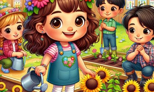 Una niña de 9 años, Clara, está en el centro de la imagen, con grandes ojos curiosos y cabello castaño ondulado, llevando una diadema de flores coloridas. Sonríe alegremente mientras sostiene una pequeña pala, lista para plantar semillas en el jardín. A su derecha, su amigo Paco, un niño de 10 años con cabello negro despeinado y una camisa de cuadros, riega delicadamente las plantas jóvenes con un pequeño regador, mostrando una expresión concentrada. A la izquierda, Lucía, una niña de 9 años con trenzas rubias, observa con asombro los girasoles que comienzan a crecer, con las manos en las caderas, llena de entusiasmo. El jardín escolar es un lugar vibrante de colores, lleno de flores brillantes y vegetación exuberante, con herramientas de jardinería esparcidas por el suelo y paneles de madera que indican las diferentes plantas. En el fondo, árboles en flor añaden un toque de magia a la escena. La situación principal muestra a Clara y sus amigos en plena actividad de jardinería, unidos por la alegría de ver los frutos de sus esfuerzos, mientras el sol brilla sobre ellos, simbolizando el comienzo de la primavera y la amistad.
