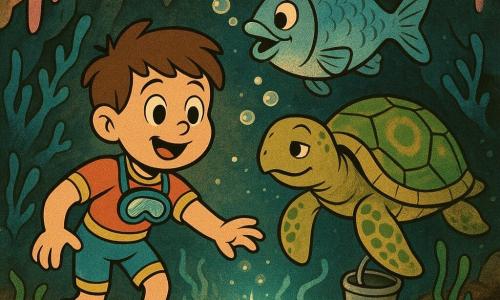 Un niño de 8 años, entusiasmado y maravillado, de rostro redondo y cabello castaño despeinado, con un pequeño traje de buceo colorido, extiende la mano hacia una fuente de agua luminosa; una gran y sabia tortuga marina de caparazón verde y ocre nada a su derecha con mirada dulce, guiándolo y protegiéndolo; un pez gigante amistoso de escamas irisadas azul plateado sopla burbujas alegres detrás, despejando algas; la cueva submarina es luminosa con estalactitas de coral rosa y azul, bancos de algas ondeantes y rayos de luz dorada que atraviesan el agua; el niño llena un pequeño recipiente que lleva la tortuga con agua pura que brilla, creando una atmósfera de asombro y camaradería.