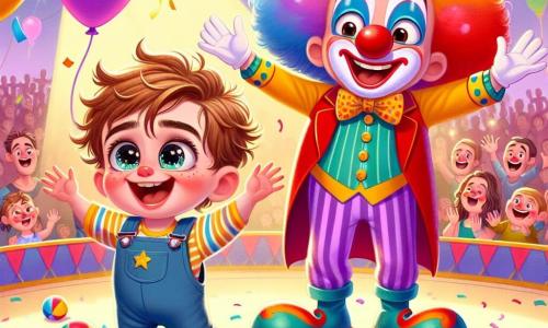 Un niño pequeño de 1 año, Lucas, con cabello castaño desordenado y grandes ojos brillantes, sonríe alegremente levantando los brazos, listo para ayudar al payaso. Lleva un overol colorido y zapatitos rojos. A su lado, un payaso feliz llamado Pipo, de unos 30 años, con un gran bigote colorido y una enorme nariz roja, hace muecas mientras busca su sombrero mágico. Pipo viste un traje multicolor, con zapatos gigantes que parecen listos para bailar. La escena se desarrolla bajo una gran carpa de circo, llena de luces brillantes y globos de colores flotando en el aire. Espectadores maravillados se agrupan alrededor, riendo y aplaudiendo. La situación principal muestra a Lucas y Pipo buscando el sombrero mágico perdido, con pelotas de malabares y confeti esparcido a su alrededor, creando una atmósfera de fiesta y magia.