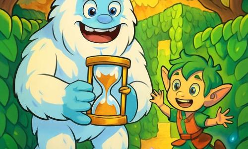 Un yeti majestuoso, con un pelaje blanco y suave como la nieve, se encuentra en el centro de la escena, sus grandes ojos brillando de emoción y curiosidad. Sonríe ampliamente, mostrando dientes blancos y amigables, mientras sostiene un antiguo reloj de arena dorado en sus grandes manos. A su lado, un pequeño duende travieso, de unos 8 años, con cabello verde desordenado y orejas puntiagudas, salta alegremente, sus ojos brillando de picardía. Lleva una túnica colorida y parece listo para explorar. El decorado es un laberinto vivo, hecho de muros de plantas gigantes con hojas vibrantes y piedras brillantes que iluminan el lugar con una luz suave y mágica. Árboles de troncos retorcidos se elevan a su alrededor, formando un techo natural y creando una atmósfera encantada. La situación principal muestra al yeti y al duende descubriendo un camino secreto en el laberinto, rodeados de colores vivos y detalles fantásticos, mientras murmullos misteriosos parecen emanar de los muros vivos, invitándolos a avanzar en su aventura.
