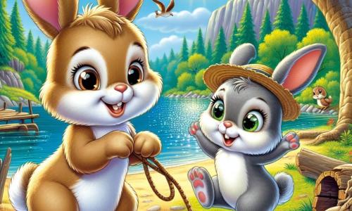 Ein junger Hase namens Felix mit weichem, hellbraunem Fell, großen aufmerksamen Ohren und funkelnden neugierigen Augen steht an einem sonnigen kleinen Strand am Ufer eines Sees. Er lächelt begeistert, die Vorderpfoten auf einem alten Baumstamm, bereit zum Erkunden. Neben ihm springt seine Schwester Leni, ein kleines graues Kaninchen mit glänzenden Augen, vor Freude und hält ein Seil mit ihren Hinterpfoten, bereit ein Floß zu bauen. Sie trägt einen kleinen Strohhut, der ihr einen schelmischen Ausdruck verleiht. Im Hintergrund funkelt der See in der Sonne, umgeben von großen Bäumen mit leuchtend grünen Blättern und bunten Blumen, die im Wind tanzen. Vögel singen fröhlich in den Ästen und tragen zur sommerlichen Atmosphäre bei. Die Szene zeigt Felix und Leni, die gespannt darauf sind, ihr Floß zu bauen, umgeben von der Schönheit der Natur und der Aufregung des bevorstehenden Abenteuers.