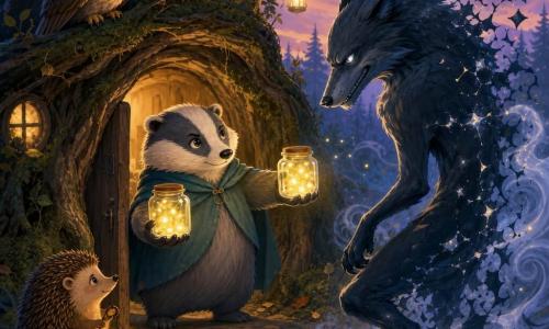Main character: Hazel, a round gentle badger with grey-and-white fur, calm determined expression, holding two small jars of warm-glowing fireflies, standing in the doorway of her burrow carved under an old trunk; Secondary 1: the tall, slender big bad wolf with dark bluish fur, piercing silver eyes and a sly smile, recoiling as his shadow cracks and crumbles before the twin lights; Secondary 2: a brown speckled owl perched on a nearby branch above left, watching anxiously; Secondary 3: Old Bramble, a small brown-spined hedgehog by the entrance, relieved, holding a little lantern; Setting: a forest clearing at dusk, leaf-and-moss floor, light mist and a few hanging lanterns; Scene: a quiet poetic confrontation where Hazel’s warm yellow firefly jars force the wolf to dissolve into silvery smoke, contrasting the warm glow of the jars with the wolf’s cold blue tones.