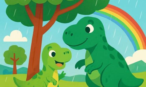 Un piccolo Tyrannosaurus Rex, con una pelle verde brillante e occhi scintillanti di curiosità, si trova sotto un grande albero. Ha un'espressione gioiosa e un ampio sorriso, con la sua piccola coda che trema dall'eccitazione. Accanto a lui, la sua mamma Tyrannosaurus, più grande, con squame di un verde più scuro e occhi dolci, lo guarda con tenerezza. Il paesaggio è una vasta pianura verde, punteggiata di fiori colorati e alberi maestosi, sotto un cielo blu chiaro con alcune nuvole bianche e soffici. La scena si svolge durante una dolce giornata di sole, con raggi di luce che filtrano attraverso le foglie. Il piccolo Tyrannosaurus e la sua mamma si rifugiano sotto l'albero mentre inizia a cadere una leggera pioggia, creando un'atmosfera di dolcezza e sicurezza. Un arcobaleno inizia a comparire nel cielo, aggiungendo un tocco magico a questa bella giornata.