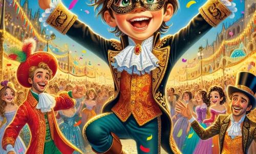 Un ragazzo di 9 anni, di nome Luca, con capelli castani disordinati e occhi brillanti di gioia, indossa una bellissima maschera nera decorata con dorature. Salta di gioia in mezzo a una folla colorata, un grande sorriso illumina il suo volto, mentre coriandoli volano intorno a lui. Accanto a lui, Marco, un acrobata di 10 anni con capelli biondi e un costume brillante, esegue un salto acrobatico, ridendo e incoraggiando Luca. Più lontano, un vecchio giocoliere con un cilindro e una giacca rossa, di circa 60 anni, gioca con palle colorate, catturando l'attenzione dei passanti. La scena si svolge in una piazza animata, decorata con festoni luminosi e stand di cibo, dove le persone ballano e ridono sotto un cielo stellato. La situazione principale mostra Luca che, con la sua maschera magica, si diverte a saltare e a giocolare, circondato da risate e colori vivaci, celebrando la magia del carnevale.