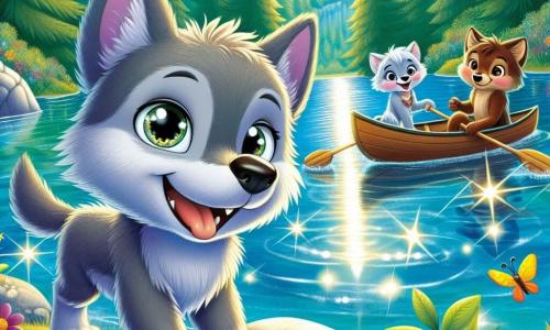 Un pequeño lobo llamado Luno, con un suave pelaje gris y ojos brillantes como luciérnagas, se encuentra al borde de un lago reluciente, sonriendo, lleno de emoción y curiosidad. Observa el agua clara que refleja el cielo azul, listo para zambullirse. A su lado, Nieve, una pequeña loba blanca con grandes orejas, ríe alegremente sosteniendo una flor colorida, mientras Roco, un lobo marrón de ojos chispeantes, trepa sobre una piedra, con un aire travieso y decidido. El lugar es un hermoso lago rodeado de grandes árboles verdes, con rayos de sol filtrándose a través de las hojas, creando destellos de luz en el agua. Flores silvestres de colores vivos bordean la orilla, añadiendo un toque mágico a la escena. Luno y sus amigos se divierten antes de una carrera de canoas, llenos de energía y entusiasmo, listos para vivir una aventura inolvidable.