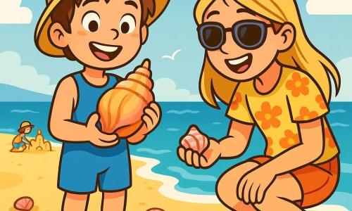 A 10-year-old boy, Leo, with messy brown hair and sparkling eyes, stands on the beach with a smile. He wears a bright blue swimsuit and a striped sun hat, holding a beautiful pink and golden seashell in his hands, amazed by his find. Next to him, his 12-year-old sister Mia, with long blonde hair, wears a floral t-shirt and sunglasses. She crouches down to examine another seashell, laughing with excitement from their treasure hunt. The scene is set on a sunny beach with golden sand stretching as far as the eye can see, shimmering waves lapping at the shore, and seagulls flying in a bright blue sky. In the background, families build sandcastles, adding to the joyful summer atmosphere. The main focus shows Leo and Mia exploring, discovering colorful shells, filled with laughter and radiant smiles, capturing the spirit of adventure and happiness of their summer vacation.