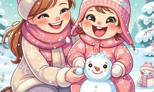 Ein einjähriges Mädchen mit großen, strahlenden Augen und roten Wangen sitzt im weichen Schnee und lacht herzhaft. Sie trägt einen rosa Schneeanzug mit Schneeflockenmuster und eine Wollmütze mit Hasenohren. Neben ihr steht ihre Mama, eine etwa 30-jährige Frau mit braunen, zu einem Pferdeschwanz gebundenen Haaren, die sanft lächelt, während sie einen Schneemann baut und eine Karotte für die Nase hält. Die Szenerie ist ein winterlicher Park mit schneebedeckten, glitzernden Bäumen, sanft fallenden Schneeflocken vom hellblauen Himmel und einem gefrorenen kleinen See im Hintergrund, wo man Eisblumen sieht. Die Hauptsituation zeigt das kleine Mädchen, das mit ihrer Mama einen Schneemann baut, fröhlich lacht und Schneebälle wirft, was eine Szene voller Glück und winterlicher Magie schafft.
