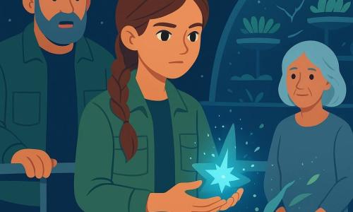 Liora, a determined and gentle ~16-year-old with chestnut hair in a braid and a green utility jacket, holds a small pulsating blue crystal star; behind her left stands Ravel, a tall, stocky ~50-year-old man with a graying short beard, hands on a metal railing, looking surprised and protective; an elderly silver‑haired woman in a simple dress watches kindly from the right; they are on the upper exterior of a space agripole — circular metal walkway, cracked glass domes, suspended crop platforms with stylized green leaves and stars in the background — Liora offers the blue star to a silver shadow creature by a dome fissure; the blue light disperses the shadow as glowing motes and stylized leaves revive; flat, vivid palette of midnight blues, mint greens, silver and pale yellow, simple shapes, clean outlines and minimal shadows.