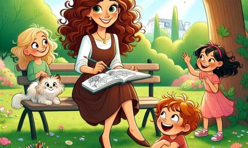 Ana, o tânără pasionată de artă, stă pe o bancă într-un parc însorit, cu părul castaniu ondulat și un zâmbet strălucitor. Ține un carnet de schițe deschis pe genunchi, înconjurată de creioane colorate, iar privirea ei exprimă bucurie și inspirație în timp ce observă copiii din jur. Un grup de patru copii este prezent: o fetiță blondă cu ochi sclipitori, de 7 ani, care se uită curioasă la desenul Anei; un băiat brun de 8 ani, care desenează un copac cu entuziasm; o fetiță roșcată de 6 ani, care râde arătând desenul ei cu o pisică; și un băiat cu părul negru, de 9 ani, care se apropie pentru a cere sfaturi Anei. Locul este un parc verde, cu copaci măreți ale căror frunze dansează în vânt, flori colorate împrăștiate pe jos și raze de soare care filtrează printre crengi, creând umbre blânde pe pământ. Situația principală o arată pe Ana împărtășind pasiunea ei pentru artă cu copiii, încurajându-i să deseneze și să-și exprime creativitatea, în timp ce o atmosferă de bucurie și entuziasm plutește în aer.