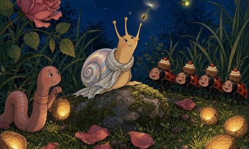 Maple, a small soft-bodied slug/snail with a pearly shiny shell, smiles shyly and wonderingly, wearing a thin silvery scarf wrapped around her shell and reaching her antennae to catch a glowing dandelion seed; to her left Pip, a round shy earthworm, holds a small shell lantern low, proud but bashful; a row of four red-and-black beetle-walkers with tiny cakes on their backs walk and chuckle a short distance behind; fireflies float above as green and yellow glowing dots with bright trails; the intimate midnight garden has textured tall grasses, crumpled rose petals, a mossy old stone at center, and walnut-shell lanterns on the grass casting warm light; the Lantern Ritual is underway: a circle of small twinkling lanterns on the grass, soft magical friendly mood, warm lantern colors and soft blue night tones.