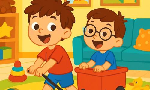 Há 2 personagens principais: - Tomás: um menino de 6 anos com cabelos castanhos bagunçados, olhos brilhantes de travessura e uma camiseta vermelha. Ele está em pé no tapete, puxando o carrinho vermelho com entusiasmo. - Tiago: um menino de 6 anos, gêmeo de Tomás, com cabelos castanhos e óculos redondos. Ele usa uma camiseta azul e está atrás de Tomás, rindo e fazendo de conta que é o maquinista do 