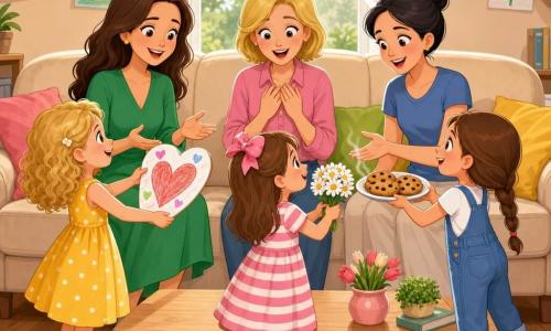 Hay seis personajes: tres niñas —Clara, 7 años, pelo rubio rizado, vestido amarillo de lunares, sostiene un gran dibujo en forma de corazón; Lola, 6 años, pelo castaño con lazo rosa, vestido a rayas rosa y blanco, sostiene un ramo de margaritas; Sofía, 7 años, pelo castaño trenzado, lleva peto azul y una bandeja de galletas calientes—, y sus madres sentadas en un salón cálido ante un gran sofá beige: la madre de Clara, unos 35 años, pelo largo castaño, vestido verde, con las manos abiertas; la madre de Lola, unos 33 años, pelo rubio corto, blusa rosa, con ojos brillantes de sorpresa; la madre de Sofía, unos 36 años, pelo negro recogido, camiseta azul, extendiendo una mano para tomar una galleta. El salón tiene mesa baja de madera clara, cojines coloridos, alfombra geométrica, ventana con luz matinal y dibujos infantiles en la pared; las niñas sorprenden a las madres ofreciéndoles el corazón, las flores y las galletas mientras ellas sonríen y se emocionan.