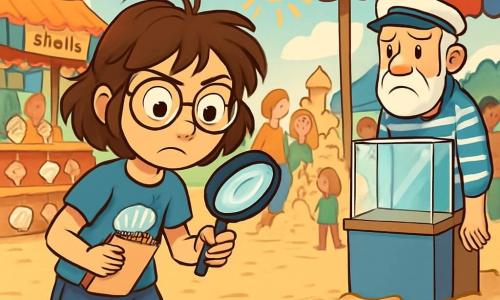 Maya Summers, an eleven-year-old girl with messy brown hair and round glasses, stands at the center of the scene, her eyes wide with determination and excitement. She wears a blue t-shirt with a seashell pattern and denim shorts, holding a magnifying glass in one hand and a notebook in the other, ready to solve the mystery. Next to her, Mr. Finch, an elderly man with a white beard and a sailor hat, looks around with a sad and worried expression. He wears a striped shirt and beige pants, standing near the empty display case where the Rainbow Conch was. The setting is the Seabrook Shell Festival, with colorful stalls, garlands of shells hanging, and families gathered around beautiful sand creations. The sun shines brightly, illuminating the joyful faces of the visitors. The main situation shows Maya examining footprints in the sand near the display case, while curious onlookers gather around, whispering theories about the disappearance of the precious shell.