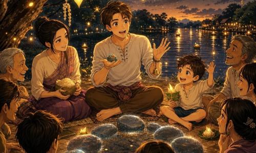 Somchai, about 18, round-faced with bright eyes and a gentle, slightly smiling expression, sits on a mat by the riverbank at dusk holding a small bell on his wrist and a painted pebble as he animatedly tells a story; Mae, about 28 with sleek black hair in a bun and a warm smile, sits to his left holding a packet of sticky rice and watching him admiringly; Noi, about 6 with tousled hair and laughing eyes, sits in the foreground to Somchai’s right, raising a hand and holding a small leaf lantern; around them villagers sit in a semicircle on mats among smooth stones arranged in a faintly glowing circle, trees with lantern-shaped leaves lit from within, small leaf lamps and jasmine garlands hanging from branches, golden reflections on the water, floating lights and a magical, intimate atmosphere in warm oranges, golds and deep greens with silver highlights on the stones and river.