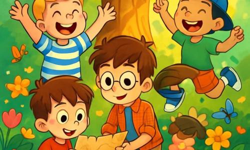 There are 4 children: Max, a 10-year-old boy with messy brown hair and big dreamy eyes, wearing a red t-shirt and sneakers, holding an old map with wonder; Leo, a 9-year-old boy with blond hair and a big smile, in blue shorts and a striped t-shirt, laughing with his arms raised as if ready for adventure; Sam, a 10-year-old boy with brown hair and round glasses, in a plaid shirt and beige pants, leaning over the map with sparkling eyes as if discovering a secret; and Ollie, a 9-year-old boy with black hair and a backward hat, in a green t-shirt and orange shorts, joyfully jumping with energy, ready to explore. The children are in a magical garden filled with brightly colored flowers and dancing butterflies, with a majestic oak tree at the center, golden light filtering through its leaves. The main scene shows the children discovering an old map, surrounded by vibrant flowers and light, with laughter and excitement on their faces, ready for adventure.