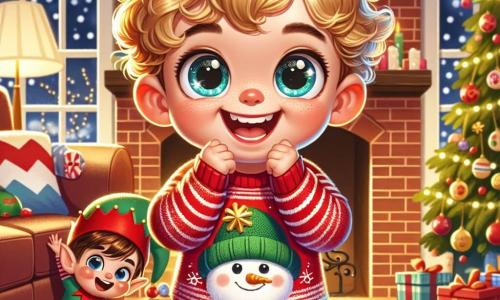 Un niño de 2 años, con cabello rizado y dorado, grandes ojos brillantes de alegría, está de pie en una sala decorada para Navidad. Lleva un suéter rojo con un muñeco de nieve y pantalones de terciopelo azul. Su rostro irradia emoción mientras sonríe ampliamente, sosteniendo una estrella dorada en sus pequeñas manos. A su lado, un duende travieso, de apenas 30 centímetros, con piel verde y un gran bigote rojo, se esconde detrás del sofá. Lleva un sombrero rojo puntiagudo y zapatos con pompones, riendo mientras mira al niño, listo para jugar. La sala es cálida y acogedora, con un gran árbol de Navidad decorado con guirnaldas brillantes y bolas de colores. Luces parpadean en las paredes, y una alfombra suave está extendida en el suelo. Una chimenea de ladrillos emite una suave luz dorada. La escena principal muestra al niño alegre buscando decoraciones navideñas escondidas por el duende travieso, con risas y un ambiente festivo lleno de magia.