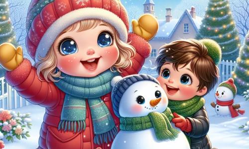 A 5-year-old girl named Millie, with bright big eyes and rosy cheeks, is building a snowman in her garden. She wears a thick red jacket, a blue wool hat, and yellow gloves, smiling enthusiastically with her arms raised in victory. Next to her, her 8-year-old brother Max, with brown hair and round glasses, helps her roll a snowball. He wears a green scarf and a black coat, laughing joyfully at Millie. The garden has turned into a winter wonderland, with trees covered in sparkling snow, snowflakes gently falling from the light blue sky, and a small red bird perched on a branch. The main scene shows Millie and Max creating a snowman together, surrounded by the magic of winter, with laughter and a warm atmosphere despite the cold.