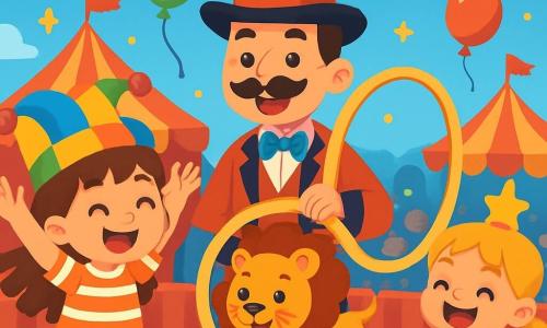 Hay 3 personajes: - Lila: una niña de 3 años, con largos cabellos castaños y ojos brillantes. Lleva un sombrero de payaso colorido y una camiseta a rayas. Está saltando de alegría, con los brazos en alto, al lado de Leo. - Sofía: una niña de 3 años, con cabello rubio en dos coletas y una sonrisa radiante. Lleva un vestido rosa y un pequeño sombrero en forma de estrella. Está agachada, riendo y sosteniendo un pequeño cartel que dice "¡Bravo!". - Max: un hombre adulto, con un bigote y un traje de adiestrador de animales de colores vivos. Lleva un sombrero de copa y sostiene un gran aro dorado. Está de pie, sonriendo, entre Lila y Sofía, listo para hacer un truco con Leo. El lugar es un circo vibrante y colorido, con carpas a rayas rojas y amarillas bajo un cielo azul brillante. Luces centelleantes iluminan el espacio y globos flotan en el aire. En el fondo, se pueden ver espectadores maravillados, aplaudiendo y riendo. La situación principal muestra a Lila y Sofía, rodeadas de la emoción del circo, animando a Leo, el pequeño león, que se prepara para saltar a través de un aro dorado sostenido por Max. Las caras de los niños están llenas de asombro y alegría, mientras que Leo, con su pelaje dorado y ojos traviesos, se prepara para realizar su truco.