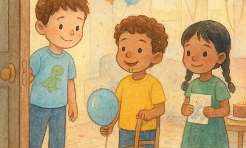 Há três crianças de 5 anos: Tomás, menino de cabelos castanhos curtos e sorriso tímido, camisa azul-claro com dinossauro, abrindo a porta e acolhendo; Leo, menino de cabelos castanhos cacheados com manchas de chocolate no queixo, camiseta amarelo-vivo, segurando uma longa corda de balão e uma cadeira, em postura protetora e sorridente; Sara, menina de tranças negras em vestido verde, entrando timidamente com um desenho colorido contra o peito. A cena passa num salão festivo interior com tapete geométrico, guirlandas de papel multicoloridas, balões no teto, bolo de chocolate com velas numa mesa baixa à direita, confetes no chão e luz quente da janela à esquerda; atmosfera acolhedora de aniversário, expressões suaves, cores pastel em textura aquarela com contornos em caneta gel branca para reflexos e detalhes.