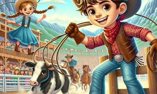 Um jovem cowboy chamado Jack Dalton, um garoto de 12 anos, está no centro da imagem. Ele tem cabelos castanhos bagunçados, um grande sorriso no rosto e usa um chapéu de cowboy desgastado, uma camisa xadrez vermelha e um colete de couro. Ele está manuseando uma corda, pronto para capturar um bezerro, com uma expressão de determinação e empolgação. Ao seu lado está Emily, uma menina de 11 anos, com longos cabelos castanhos trançados e olhos brilhantes de travessura. Ela usa um vestido de denim e botas de cowboy, escondendo-se atrás de uma barreira de madeira, pronta para jogar um balde de água nos foras-da-lei, com um sorriso travesso no rosto. O cenário é uma arena de rodeio animada, cercada por espectadores entusiasmados, com montanhas majestosas ao fundo e um céu azul brilhante. Banderolas coloridas flutuam ao vento, adicionando à atmosfera festiva. A situação principal mostra Jack em ação, usando seu laço para capturar um bezerro, enquanto Emily, escondida atrás da barreira, se prepara para surpreender os foras-da-lei com seu balde de água, criando uma cena cheia de tensão e aventura.