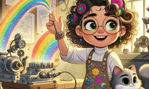 Camila, una mujer inventora con cabello rizado y despeinado, lleva gafas redondas y un delantal colorido lleno de manchas de pintura. Tiene una gran sonrisa de emoción en el rostro mientras ajusta su máquina para crear arcoíris, rodeada de diversas herramientas y piezas sueltas. A su lado, Estornudo, su gato travieso de pelaje gris y ojos verdes brillantes, observa con curiosidad, sentado sobre una caja de madera, listo para saltar en cualquier momento. El decorado se encuentra en el cálido taller de Camila, lleno de gadgets extraños, planos colgados en las paredes y rayos de luz filtrándose a través de una ventana, iluminando nubes de confeti flotantes. La escena principal muestra a Camila presionando el botón de su máquina, mientras un arcoíris brillante comienza a emerger, proyectando colores vivos en el aire, con burbujas y destellos de luz centelleante a su alrededor.
