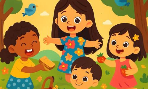 Há 3 personagens: - Salma: uma menina de 6 anos com longos cabelos castanhos e olhos brilhantes. Ela usa um vestido colorido com estampas de flores e sorri alegremente. Ela está no centro, com os braços abertos, como se estivesse recebendo suas amigas. - Amira: uma menina de 6 anos com cabelos cacheados e uma pequena trança. Ela usa uma camiseta amarela vibrante e uma saia de bolinhas. Ela está à esquerda de Salma, segurando um sanduíche em uma mão e um sorriso radiante no rosto. - Yasmin: uma menina de 6 anos com cabelos lisos e uma presilha em forma de estrela. Ela usa um vestido rosa e tem morangos nas mãos. Ela está à direita de Salma, pulando de alegria. O local é um parque ensolarado, cheio de flores coloridas e árvores majestosas. Risadas de crianças ecoam no ar, e pássaros cantam alegremente. Uma grande toalha xadrez está estendida na grama verde, cercada por cestos de piquenique transbordando de delícias. A cena principal mostra as três amigas compartilhando seu lanche com um menino sentado sozinho, Sami. Elas lhe oferecem frutas e sanduíches, com rostos radiantes de felicidade. Uma luz dourada ilumina a cena, criando uma atmosfera acolhedora e mágica.