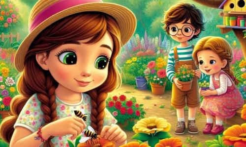 Una ragazza di 12 anni, Sofia, con lunghi capelli castani e occhi pieni di curiosità, è accovacciata in un giardino colorato, circondata da fiori dai colori vivaci. Indossa un vestito leggero a fiori e un cappello di paglia, sorridendo meravigliata mentre osserva un'ape che impollina un fiore. Vicino a lei, il suo amico Marco, un ragazzo di 11 anni con capelli castani e occhiali tondi, tiene un piccolo vaso di terra con dei semi. È in piedi, sorridente, e guarda Sofia con entusiasmo, pronto ad aiutarla a piantare i fiori. Un po' più in là, Giulia, una ragazza di 12 anni con capelli biondi e trecce, sta costruendo una casetta per gli uccelli, concentrata sul suo compito. Il luogo è un giardino lussureggiante, pieno di fiori multicolori, alberi verdi e una dolce luce solare che filtra tra le foglie. Gli uccelli cantano tra i rami e una leggera brezza fa danzare i petali dei fiori. La scena principale mostra Sofia, Marco e Giulia uniti nel loro progetto di giardinaggio, ognuno impegnato in un compito, pieni di gioia ed entusiasmo mentre creano uno spazio accogliente per api e uccelli.