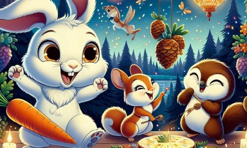 Benny, an adorable rabbit with floppy ears and soft white fur, is joyfully dancing at a New Year's party, his face beaming with excitement and happiness. Next to him, Lucy, a small squirrel with sparkling eyes and a bushy tail, laughs as she throws decorative pine cones into the air, while Max, a wise owl with brown feathers and big round eyes, plays music on a branch, wearing a knowing smile. The scene takes place in an enchanted forest, lit by twinkling fireflies and adorned with colorful flower garlands, with a starry sky in the background. In the center of the illustration, the animals celebrate together, surrounded by carrot-shaped cakes and festive lanterns, in an atmosphere of joy and friendship, ready to welcome the new year with laughter and dancing.