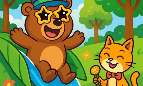 Un grande orso bruno di nome Bruno, con occhiali a forma di stella e un cappello a cilindro multicolore, si trova sulla riva di un fiume scintillante, con un sorriso meravigliato sul volto. I suoi occhi brillano di eccitazione mentre si prepara a scivolare su un enorme scivolo d'acqua fatto di foglie verdi. Accanto a lui, un elegante gatto con un papillon rosso, il Gatto Parlantino, osserva divertito, tenendo un microfono dorato, pronto a intervistare Bruno su questa avventura stravagante. Il gatto è seduto su una pietra piatta, circondato da piccoli fiori colorati. Il paesaggio è una foresta magica, con alberi che danzano dolcemente al ritmo del vento e fiori dai colori vivaci che sbocciano attorno a loro. Il cielo è di un blu brillante, punteggiato di nuvole a forma di caramelle. La scena principale mostra Bruno pronto a lanciarsi in una scivolata gioiosa, mentre il Gatto Parlantino si prepara a porre una domanda esilarante, creando un'atmosfera piena di risate e magia.