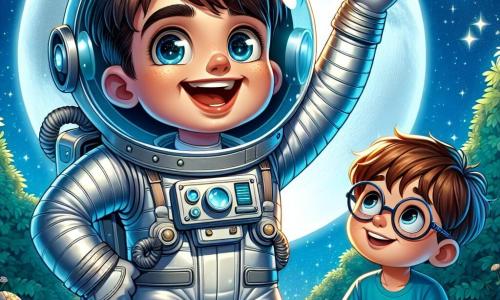 Un astronauta llamado Juan se encuentra en el centro de la imagen, sonriendo con ojos brillantes de emoción. Lleva un traje espacial brillante y un casco transparente que muestra su rostro alegre. A su lado, un niño llamado Lucas, de aproximadamente 8 años, lo mira con admiración. Lucas tiene cabello castaño y usa gafas redondas. Está sentado en la hierba, con los ojos abiertos, escuchando atentamente las historias de Juan. Al fondo, el cielo es de un azul profundo lleno de estrellas, y una gran luna brillante ilumina la escena. La situación principal muestra a Juan contando sus aventuras espaciales a Lucas, quien está cautivado por sus relatos, simbolizando la amistad y la inspiración para explorar el universo.